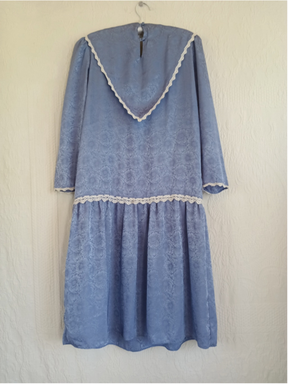 Vintage Jody California Blue Jacquard Drop Waist Dress 80s bib Lace romantic LG - Picture 10 of 12